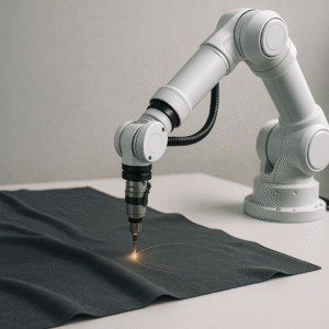 Robotic arm sewing or laser-cutting fabric in action